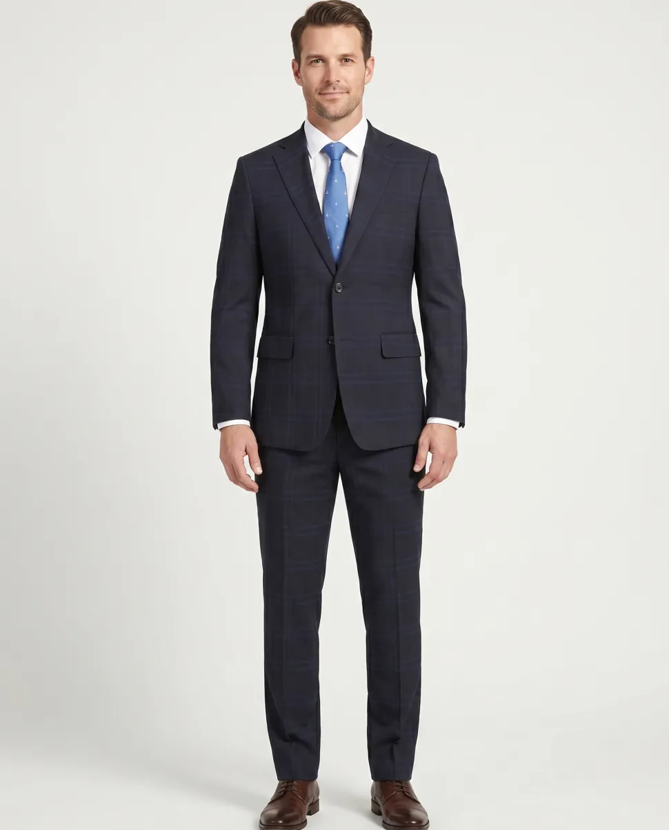 English Laundry Mens Navy Windowpane Slim Fit Notch Lapel 2 Button Stretch Suit