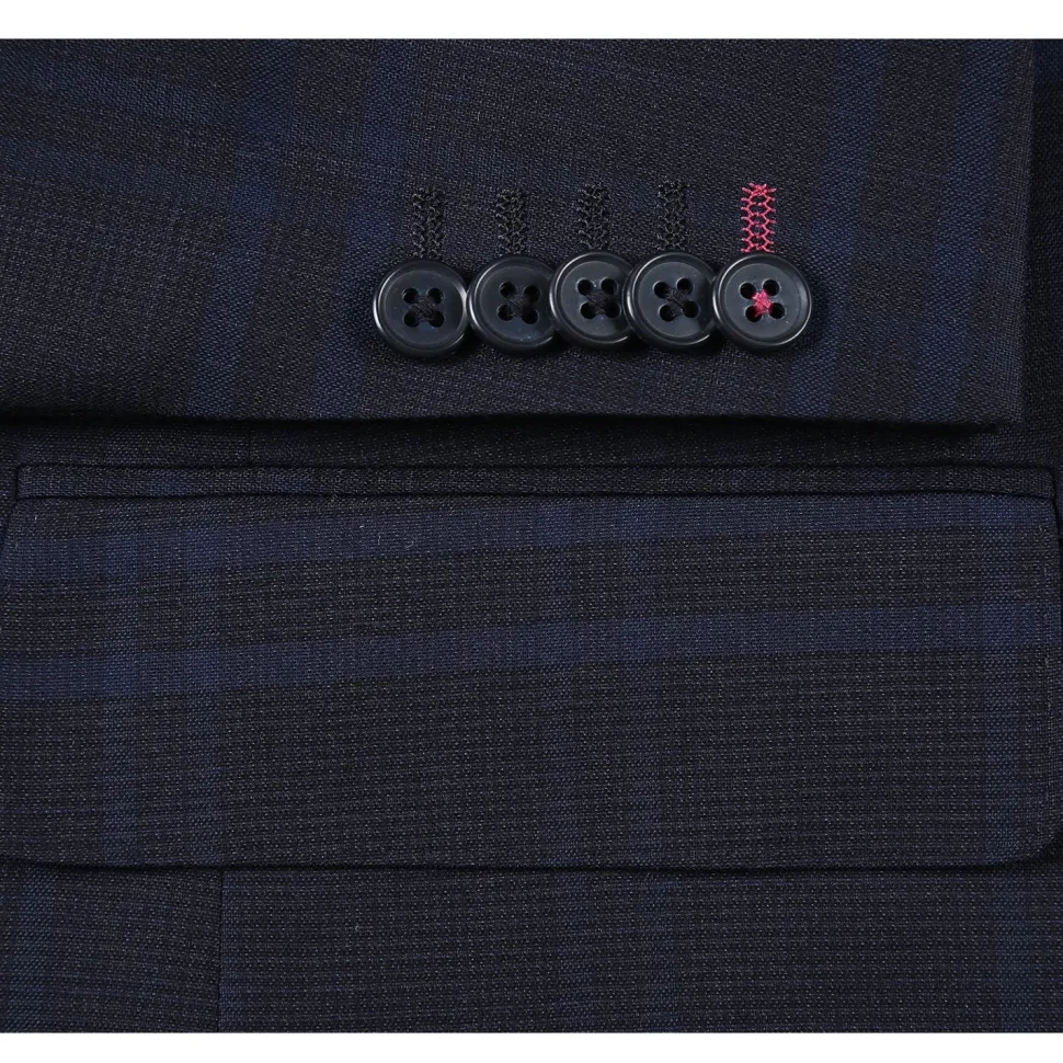 English Laundry Mens Navy Windowpane Slim Fit Notch Lapel 2 Button Stretch Suit