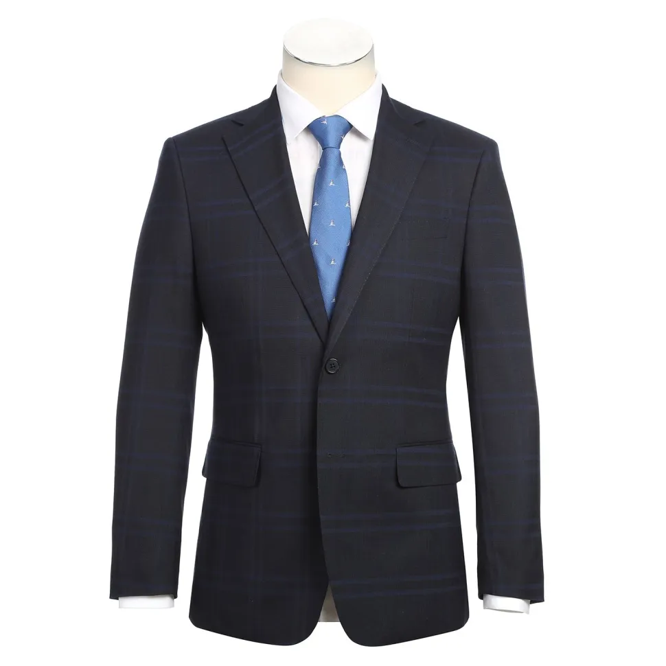 English Laundry Mens Navy Windowpane Slim Fit Notch Lapel 2 Button Stretch Suit