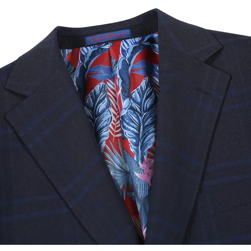 English Laundry Mens Navy Windowpane Slim Fit Notch Lapel 2 Button Stretch Suit