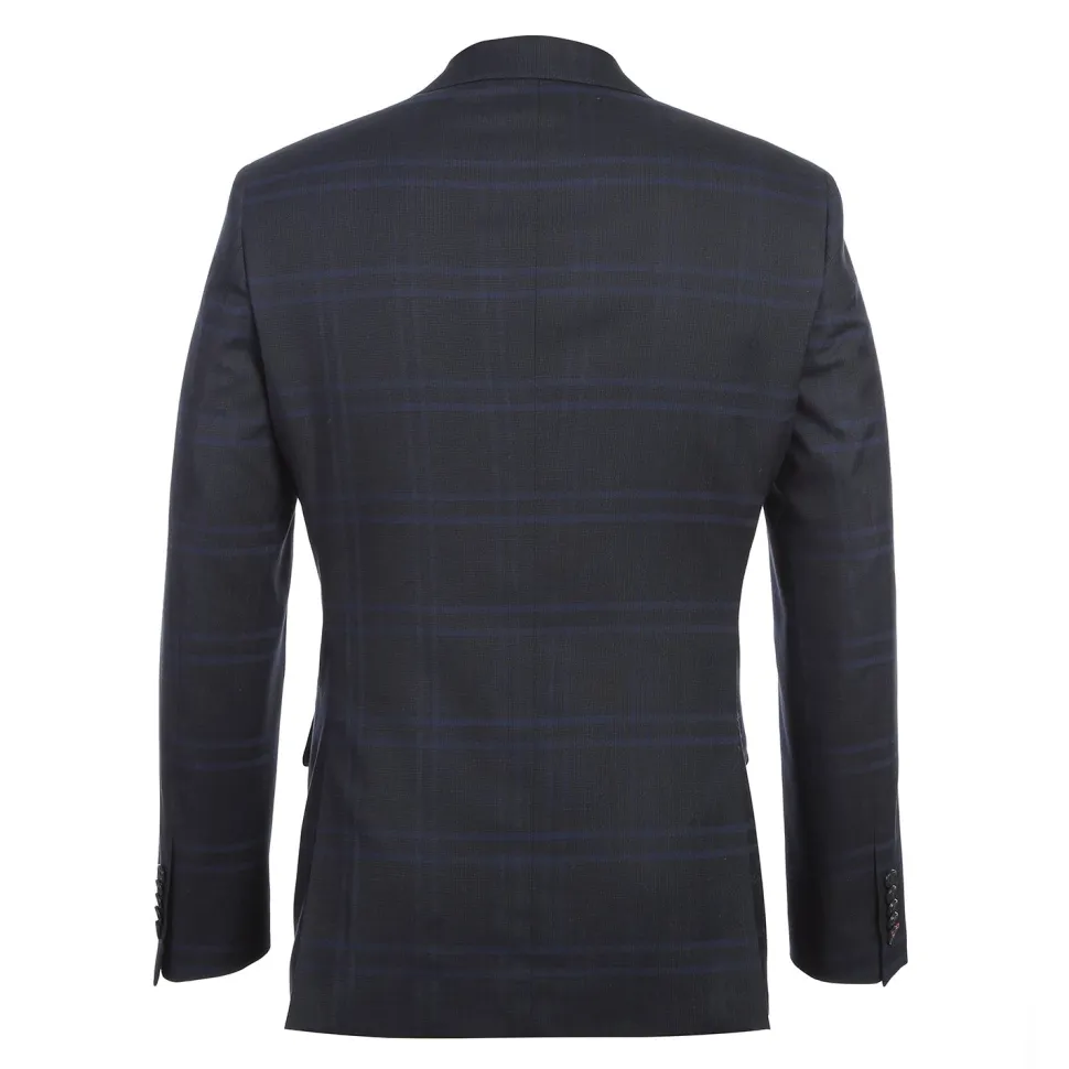 English Laundry Mens Navy Windowpane Slim Fit Notch Lapel 2 Button Stretch Suit