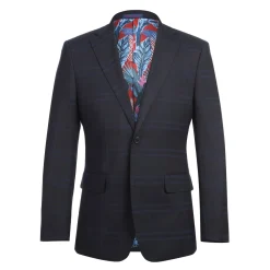 English Laundry Mens Navy Windowpane Slim Fit Notch Lapel 2 Button Stretch Suit