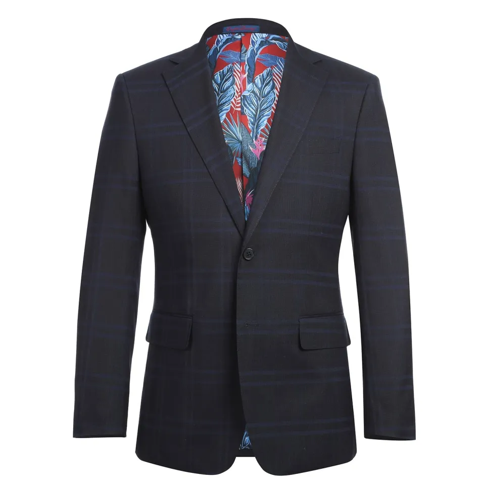 English Laundry Mens Navy Windowpane Slim Fit Notch Lapel 2 Button Stretch Suit