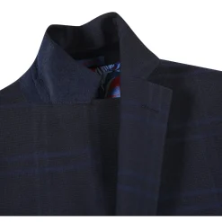 English Laundry Mens Navy Windowpane Slim Fit Notch Lapel 2 Button Stretch Suit