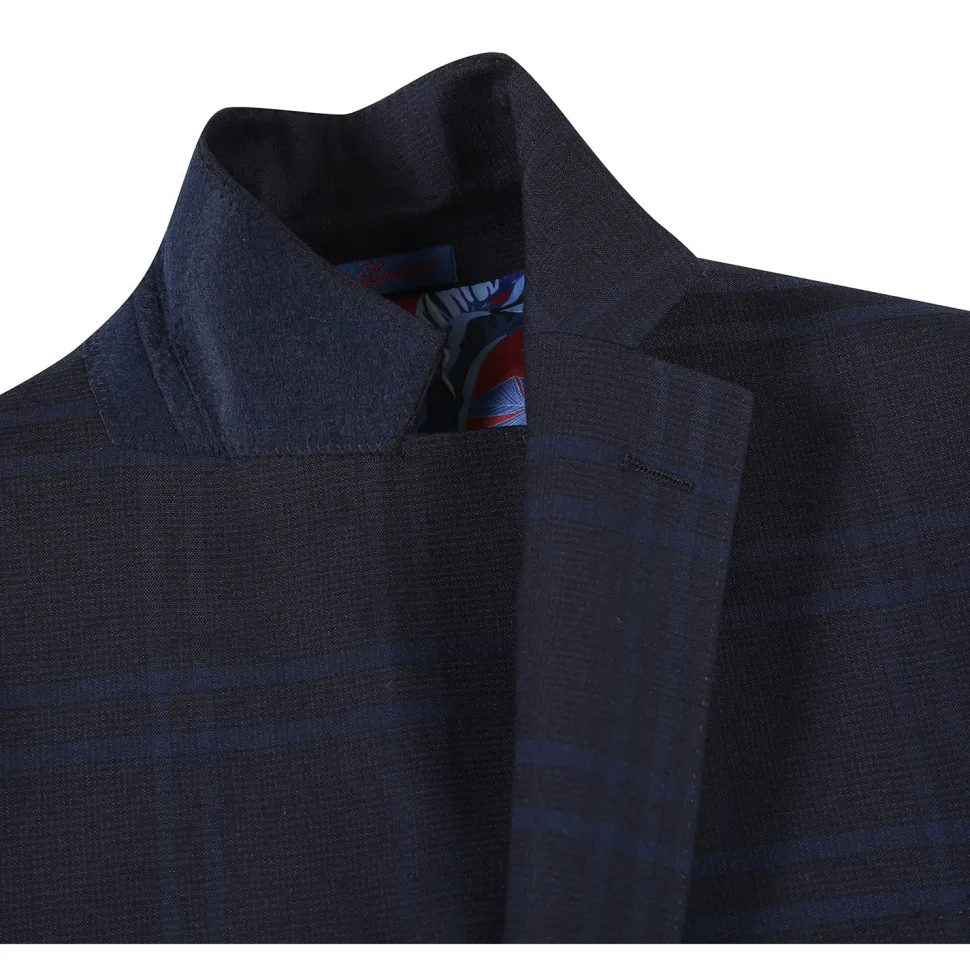 English Laundry Mens Navy Windowpane Slim Fit Notch Lapel 2 Button Stretch Suit