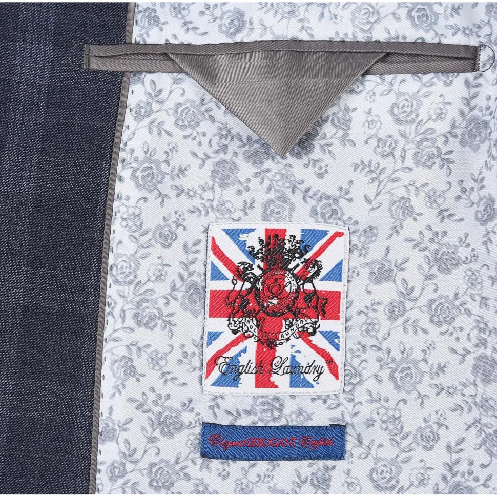 English Laundry Mens Navy Windowpane Slim Fit Notch Lapel 2 Button Stretch Suit