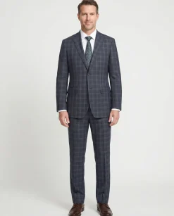 English Laundry Mens Navy Windowpane Slim Fit Notch Lapel 2 Button Stretch Suit