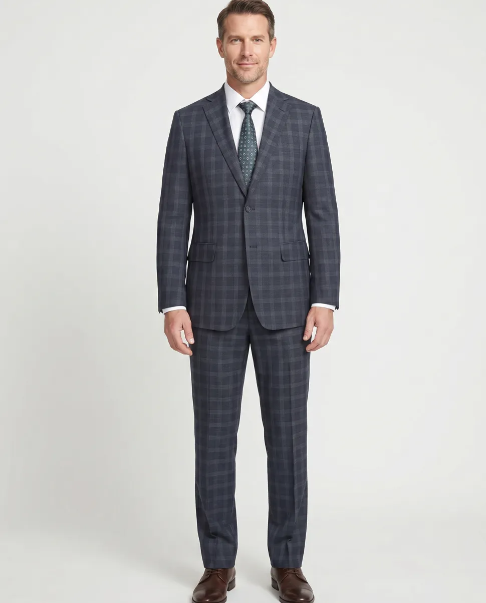 English Laundry Mens Navy Windowpane Slim Fit Notch Lapel 2 Button Stretch Suit