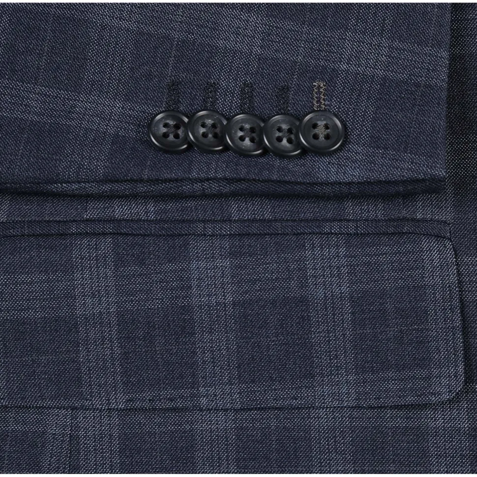 English Laundry Mens Navy Windowpane Slim Fit Notch Lapel 2 Button Stretch Suit