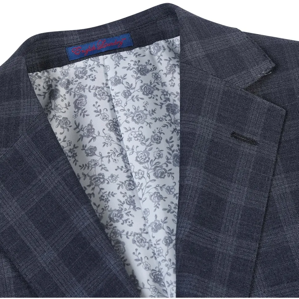 English Laundry Mens Navy Windowpane Slim Fit Notch Lapel 2 Button Stretch Suit