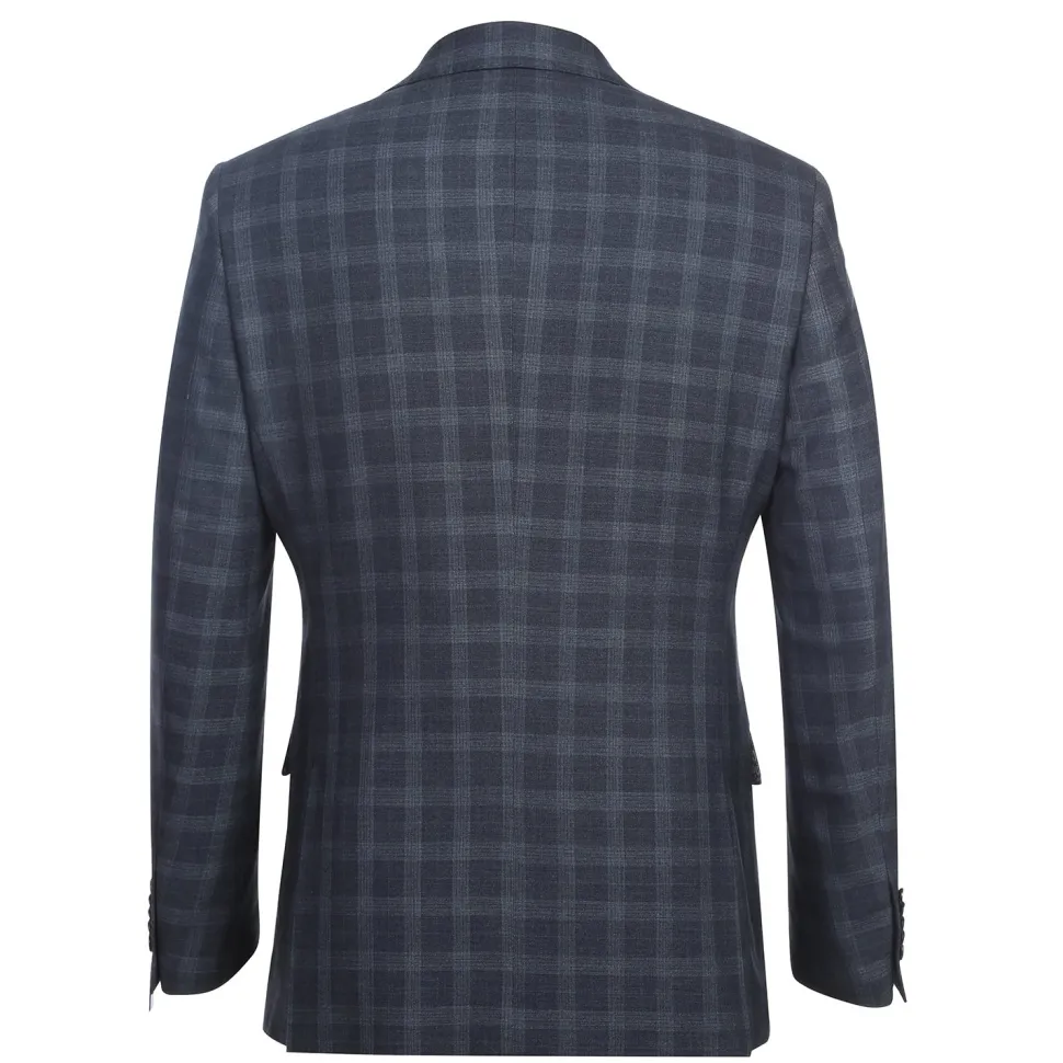 English Laundry Mens Navy Windowpane Slim Fit Notch Lapel 2 Button Stretch Suit