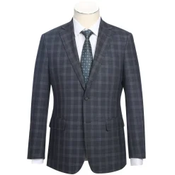 English Laundry Mens Navy Windowpane Slim Fit Notch Lapel 2 Button Stretch Suit