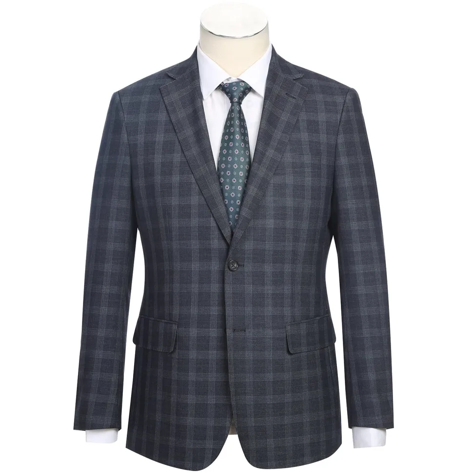 English Laundry Mens Navy Windowpane Slim Fit Notch Lapel 2 Button Stretch Suit