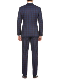 English Laundry Mens Navy with Brown Check Slim Fit Peak Lapel 2 Button Stretch Suit