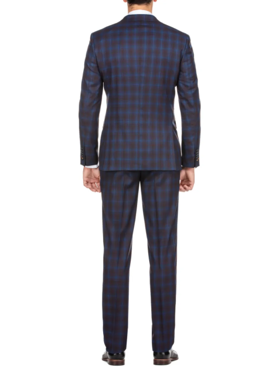 English Laundry Mens Navy with Brown Check Slim Fit Peak Lapel 2 Button Stretch Suit