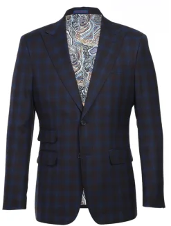 English Laundry Mens Navy with Brown Check Slim Fit Peak Lapel 2 Button Stretch Suit