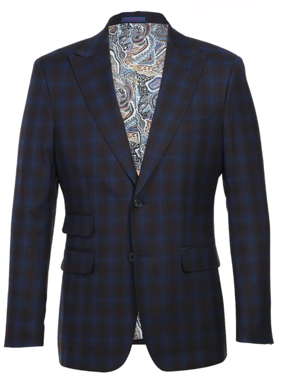 English Laundry Mens Navy with Brown Check Slim Fit Peak Lapel 2 Button Stretch Suit