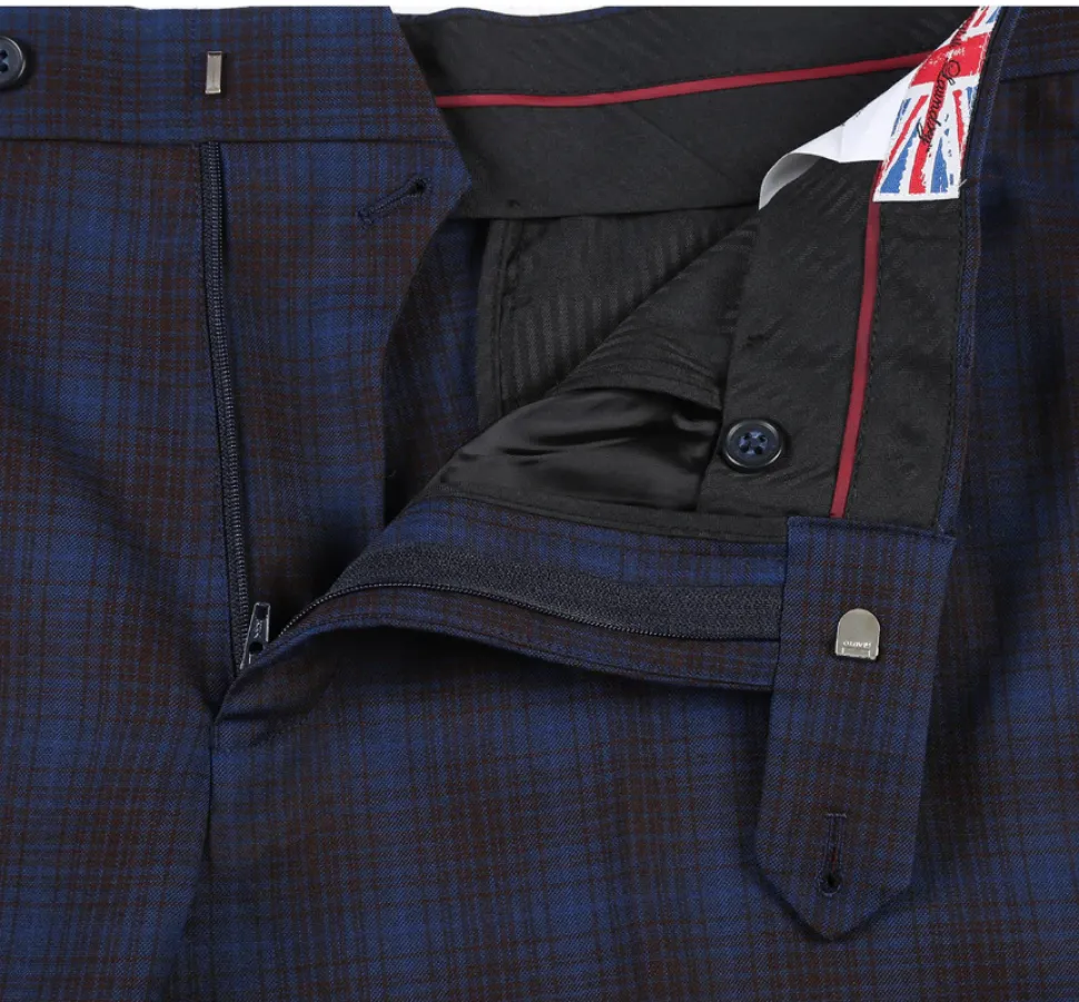 English Laundry Mens Navy with Brown Check Slim Fit Peak Lapel 2 Button Stretch Suit