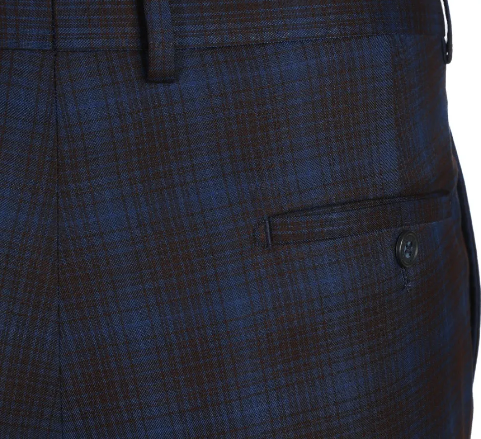 English Laundry Mens Navy with Brown Check Slim Fit Peak Lapel 2 Button Stretch Suit