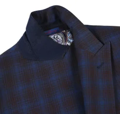 English Laundry Mens Navy with Brown Check Slim Fit Peak Lapel 2 Button Stretch Suit
