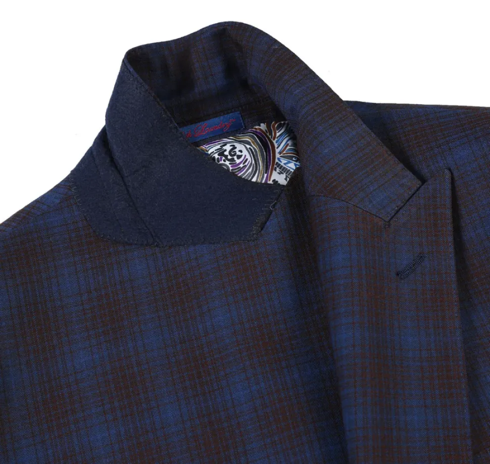English Laundry Mens Navy with Brown Check Slim Fit Peak Lapel 2 Button Stretch Suit