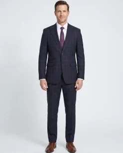 English Laundry Mens Navy with Brown Check Slim Fit Peak Lapel 2 Button Stretch Suit