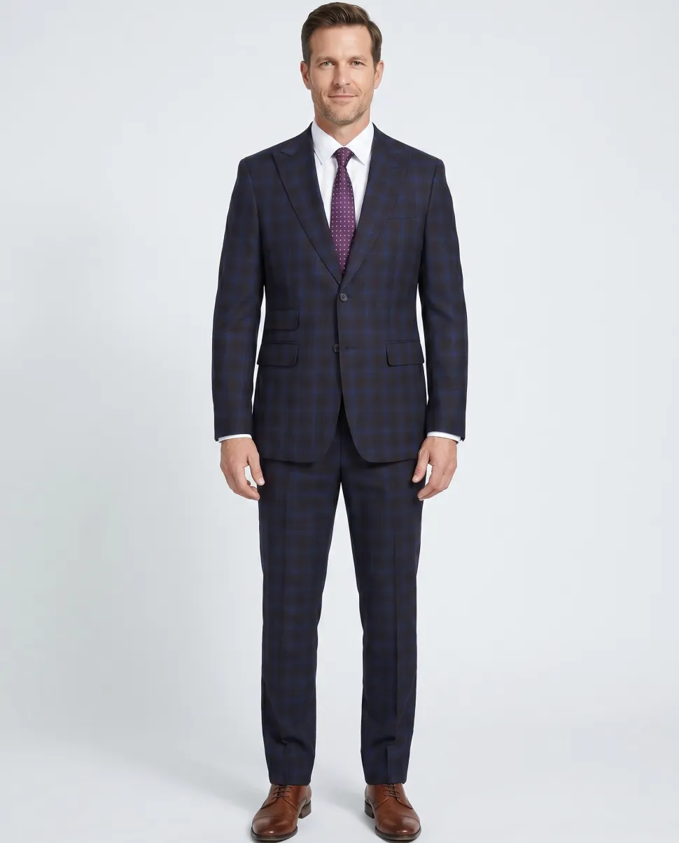 English Laundry Mens Navy with Brown Check Slim Fit Peak Lapel 2 Button Stretch Suit