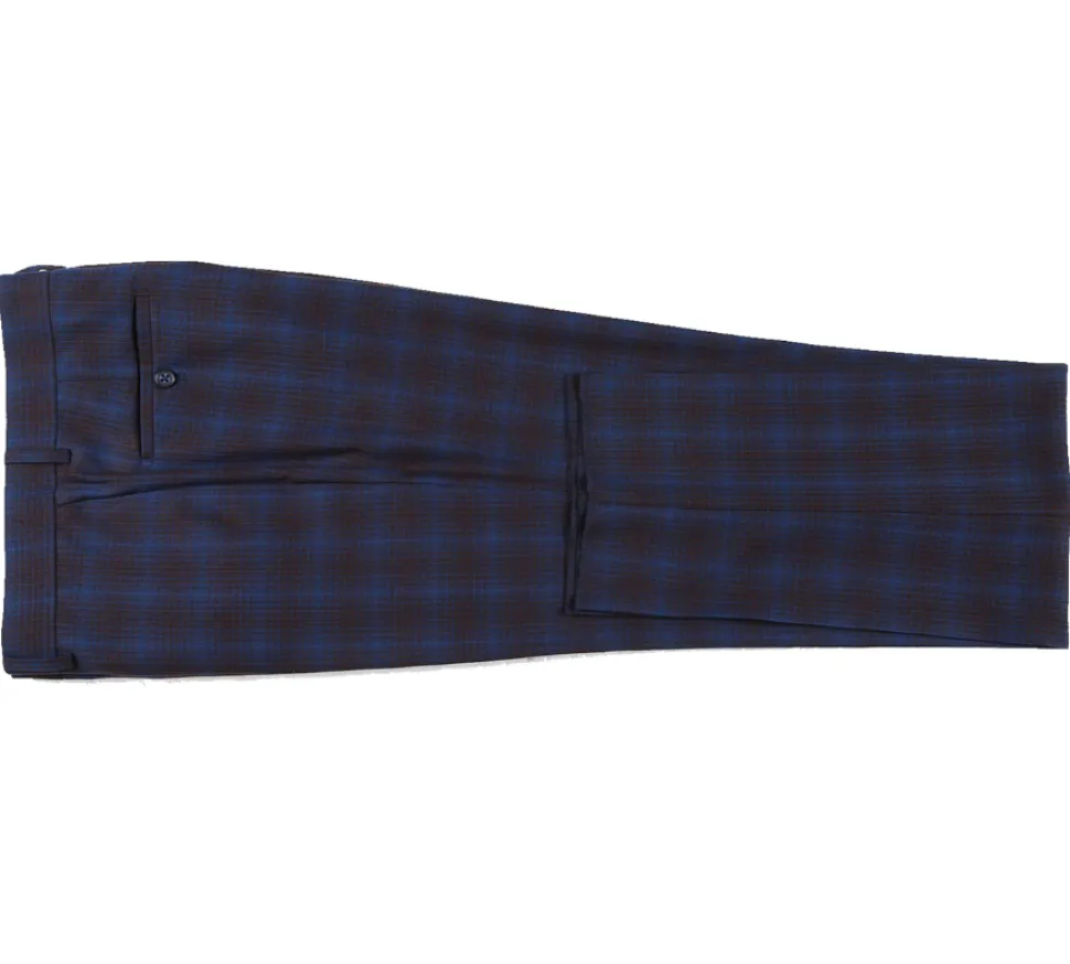 English Laundry Mens Navy with Brown Check Slim Fit Peak Lapel 2 Button Stretch Suit