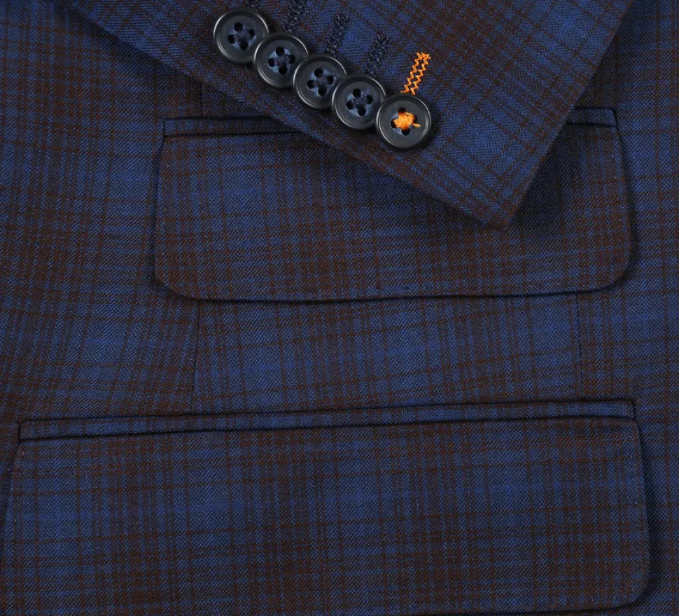 English Laundry Mens Navy with Brown Check Slim Fit Peak Lapel 2 Button Stretch Suit