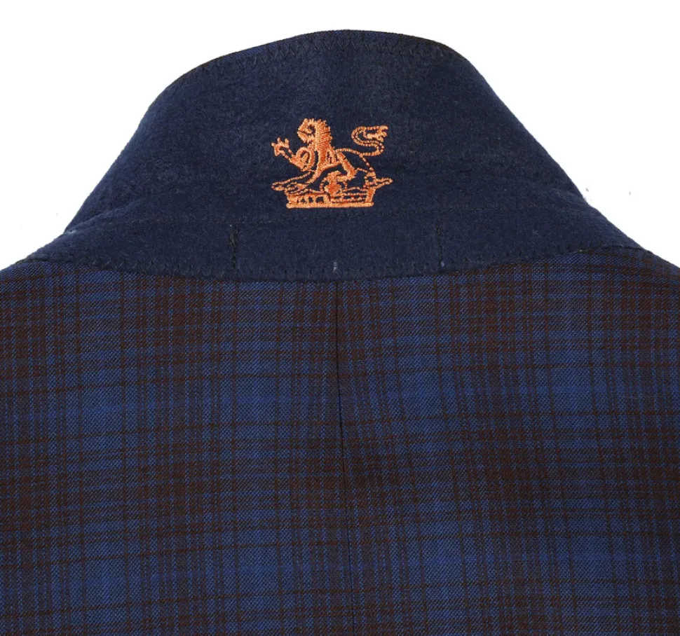 English Laundry Mens Navy with Brown Check Slim Fit Peak Lapel 2 Button Stretch Suit