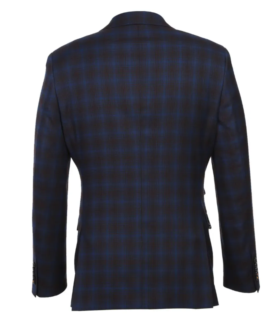 English Laundry Mens Navy with Brown Check Slim Fit Peak Lapel 2 Button Stretch Suit