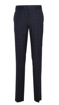 English Laundry Mens Navy with Brown Check Slim Fit Peak Lapel 2 Button Stretch Suit