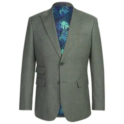 English Laundry Mens Olive Green Stripe Slim Fit Peak Lapel 2 Button Stretch Suit