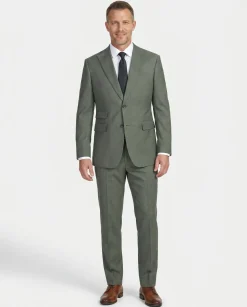 English Laundry Mens Olive Green Stripe Slim Fit Peak Lapel 2 Button Stretch Suit