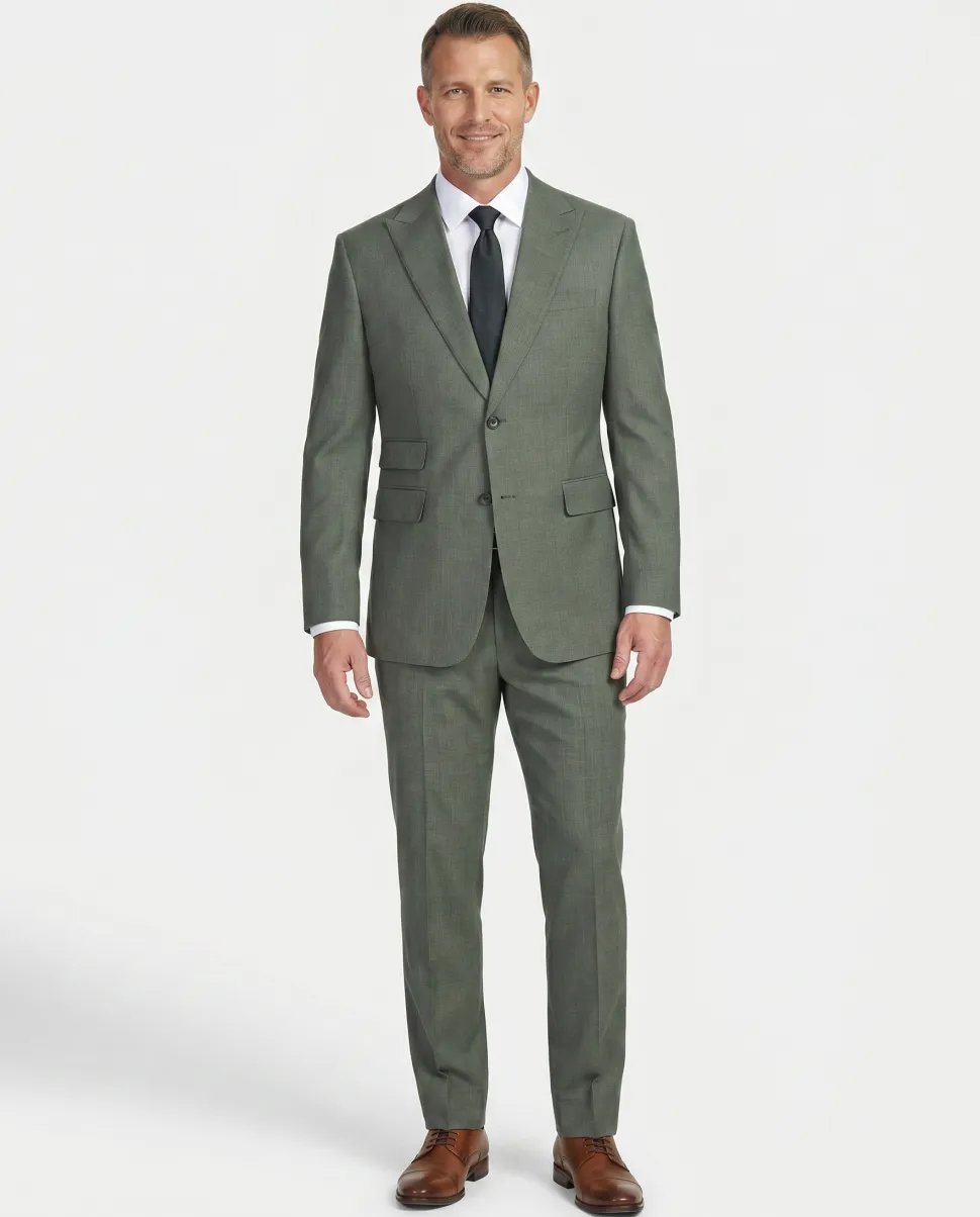 English Laundry Mens Olive Green Stripe Slim Fit Peak Lapel 2 Button Stretch Suit