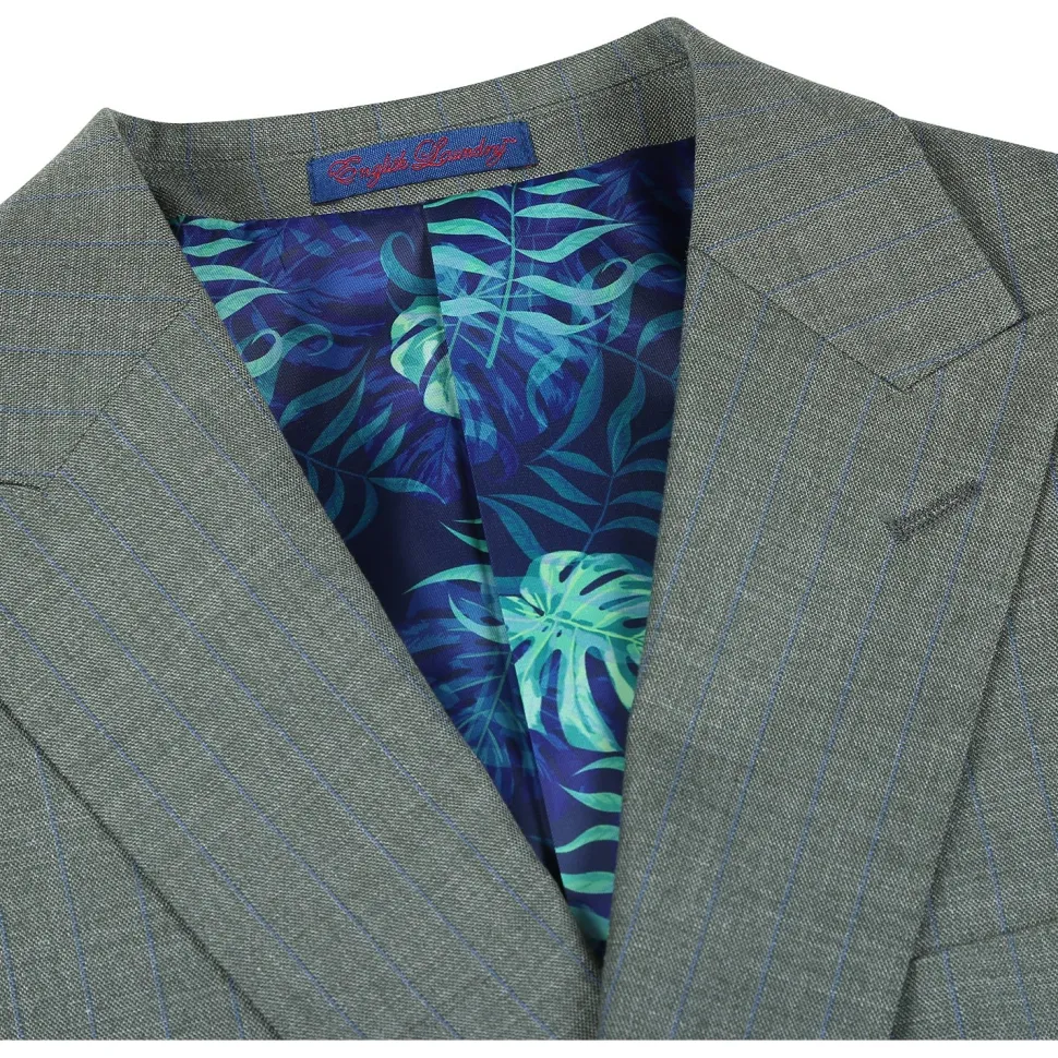 English Laundry Mens Olive Green Stripe Slim Fit Peak Lapel 2 Button Stretch Suit
