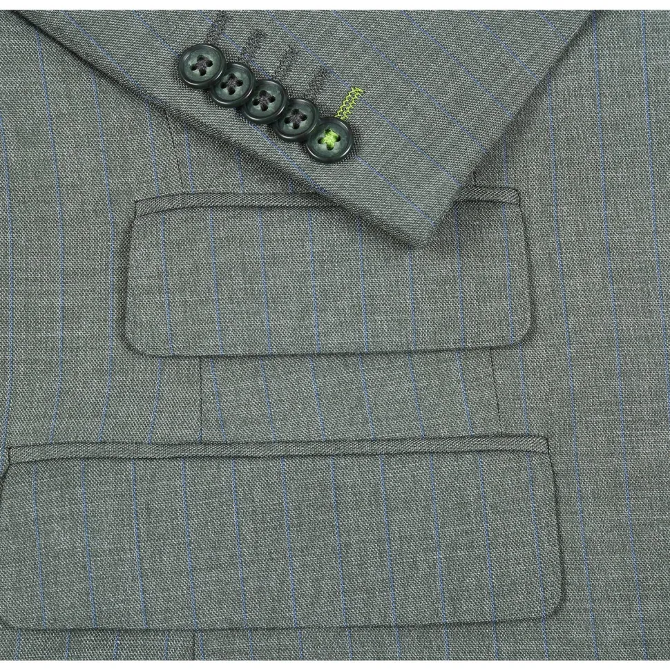 English Laundry Mens Olive Green Stripe Slim Fit Peak Lapel 2 Button Stretch Suit