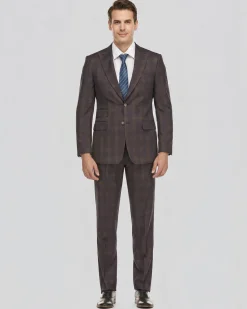 English Laundry Mens Plaid Navy With Brown Slim Fit Peak Lapel Stretch 2 Button Suit