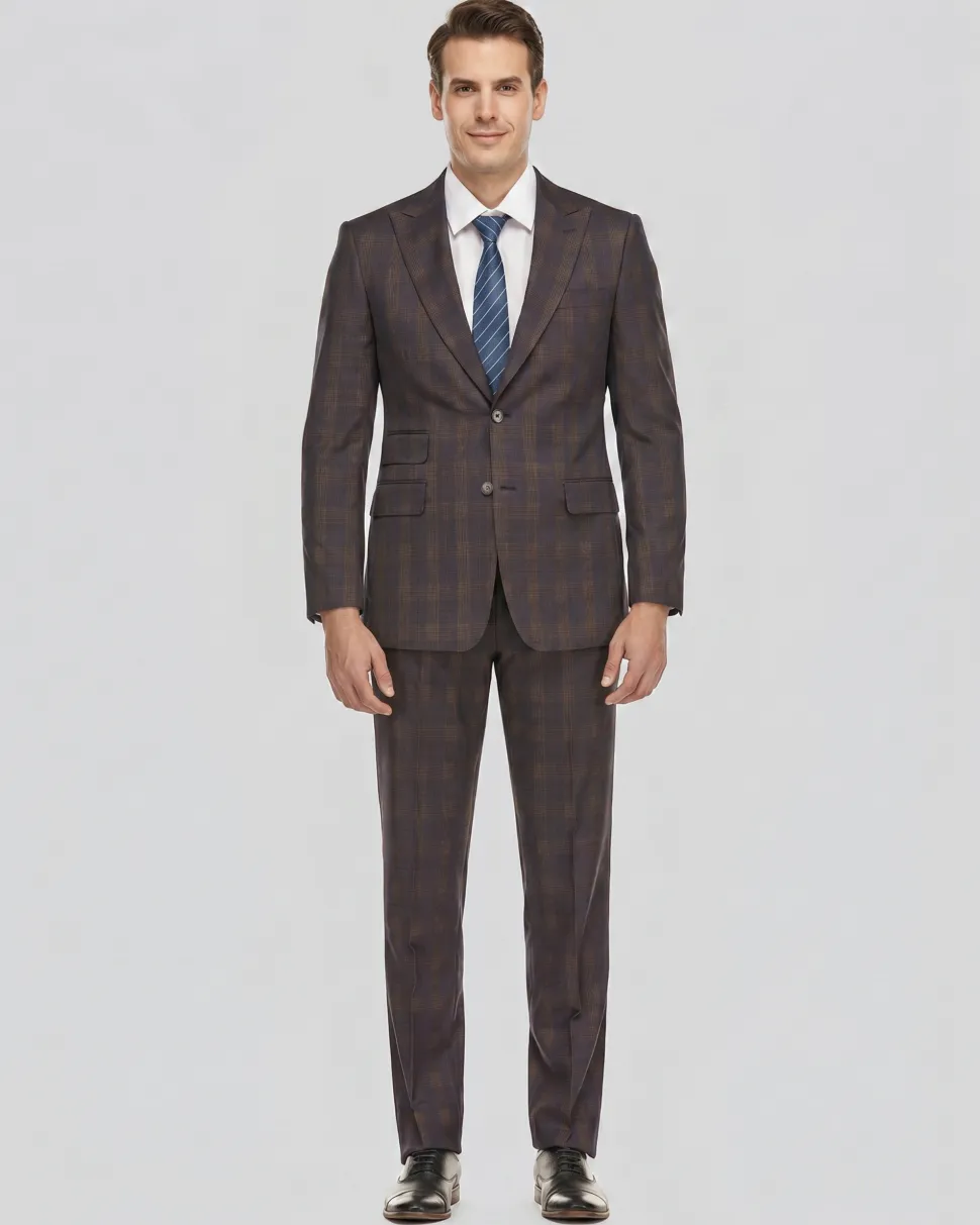 English Laundry Mens Plaid Navy With Brown Slim Fit Peak Lapel Stretch 2 Button Suit