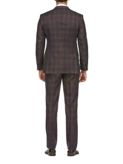 English Laundry Mens Plaid Navy With Brown Slim Fit Peak Lapel Stretch 2 Button Suit