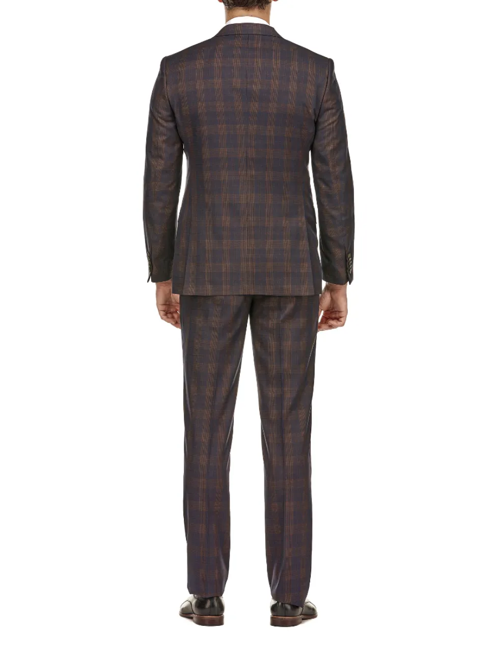 English Laundry Mens Plaid Navy With Brown Slim Fit Peak Lapel Stretch 2 Button Suit