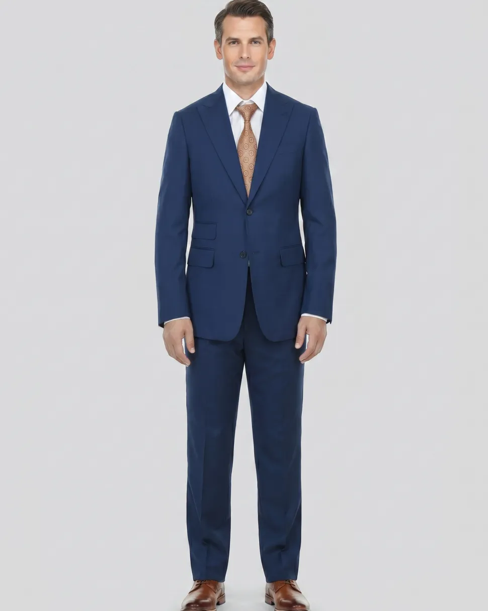 English Laundry Mens Solid Blue Slim Fit Peak Lapel Stretch 2 Button Suit