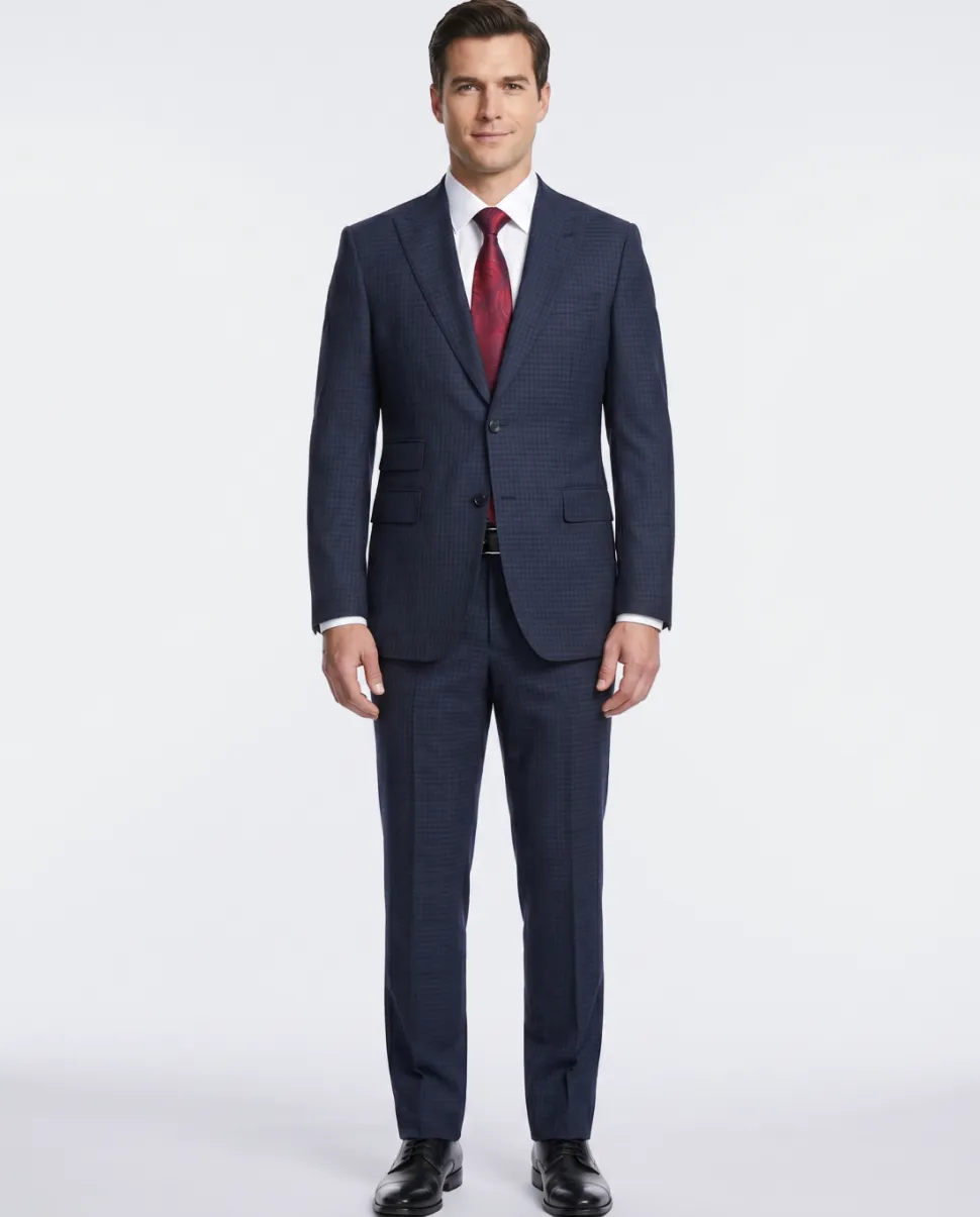 English Laundry Navy And Black Check Slim Fit Peak Lapel Wool Suit
