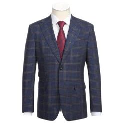 English Laundry Navy & Brown Windowpane Slim Fit Peak Lapel 2 Button Stretch Suit