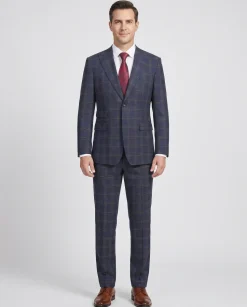 English Laundry Navy & Brown Windowpane Slim Fit Peak Lapel 2 Button Stretch Suit
