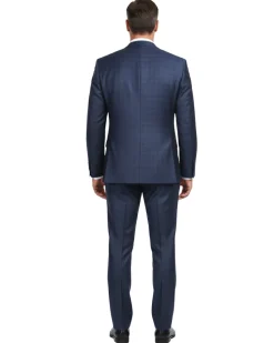English Laundry Navy Plaid With Grey Windowpane Slim Fit Peak Lapel Wool Suit