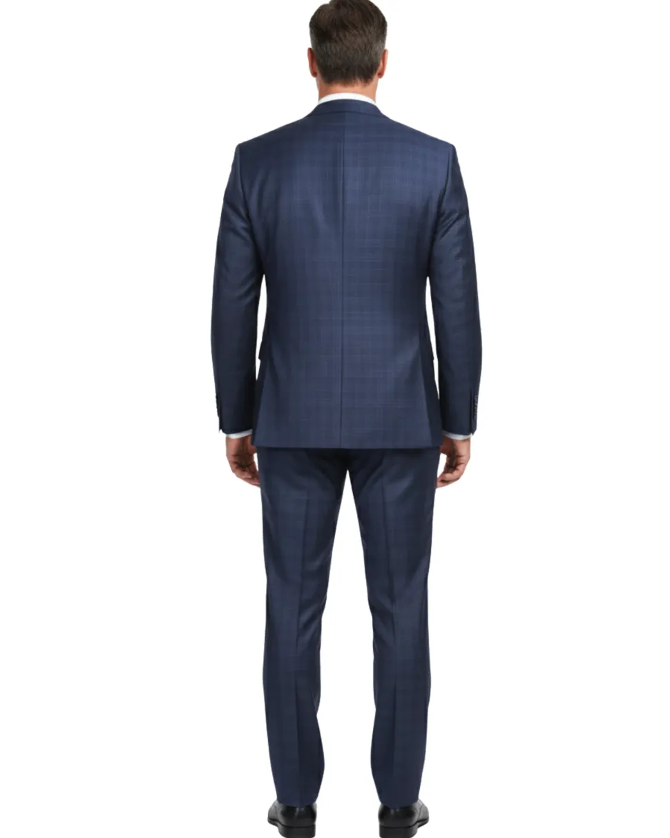 English Laundry Navy Plaid With Grey Windowpane Slim Fit Peak Lapel Wool Suit