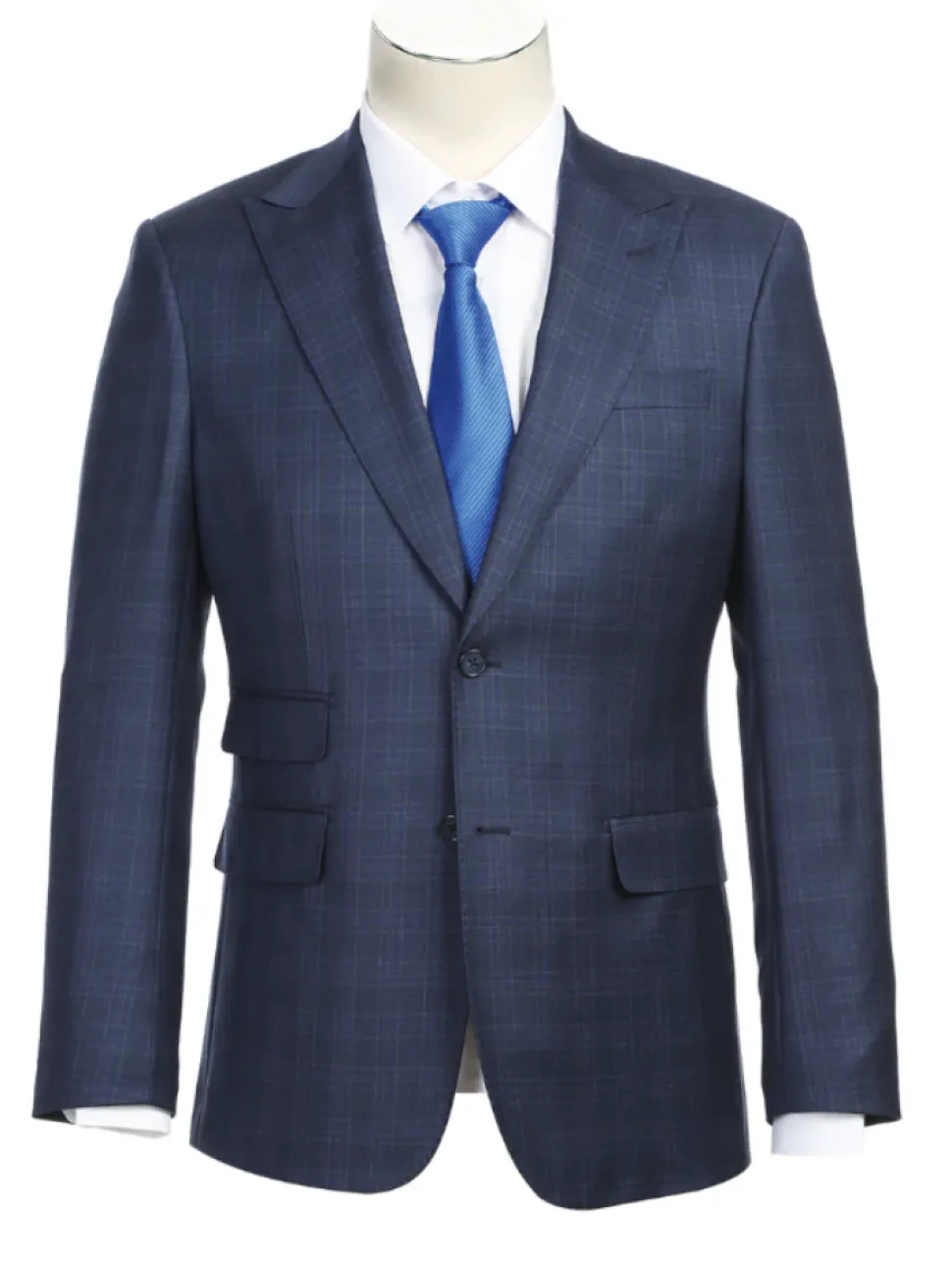 English Laundry Navy Plaid With Grey Windowpane Slim Fit Peak Lapel Wool Suit
