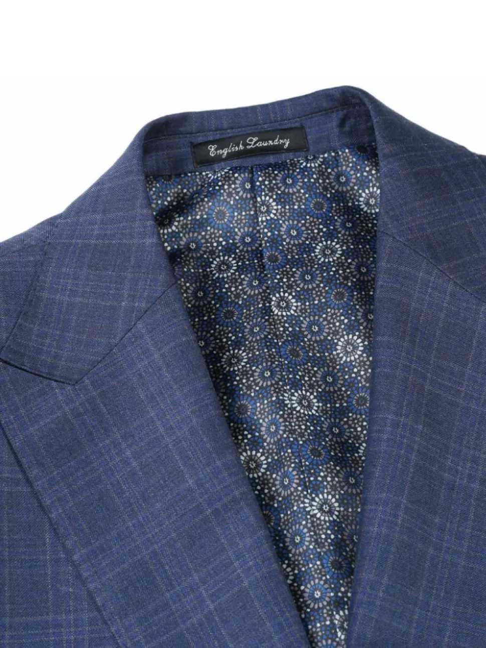English Laundry Navy Plaid With Grey Windowpane Slim Fit Peak Lapel Wool Suit