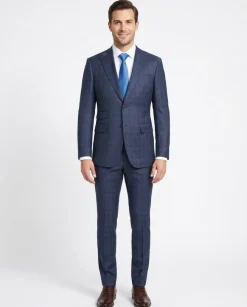 English Laundry Navy Plaid With Grey Windowpane Slim Fit Peak Lapel Wool Suit